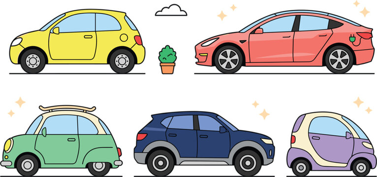Modern city cars vector collection featuring electric sedan hatchback SUV microcar and retro surfboard vehicle illustrations