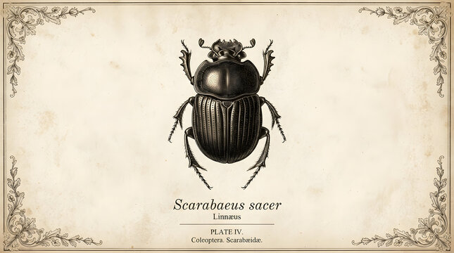 Ancient illustration of a large beetle, Scarabaeus sacer, with ornate corners on aged paper