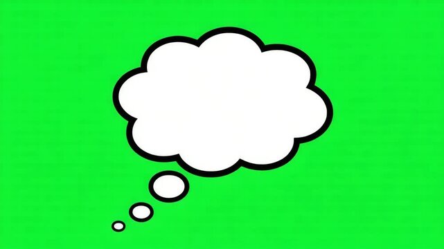 Blank white thought bubble with a bold black outline on a vibrant green background a simple graphic element for ideas communication 4k video