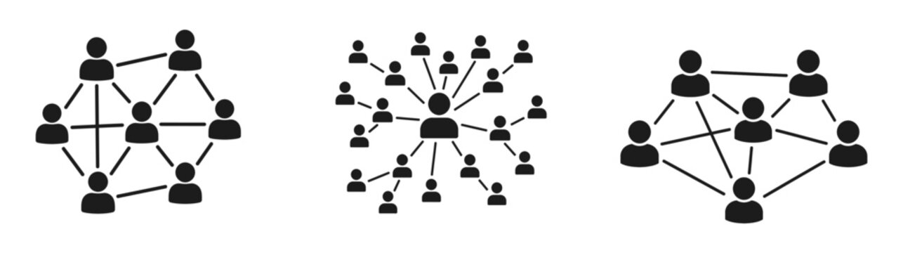 Network icons set showing social connection communication and human resource management as a black and white vector graphic illustration