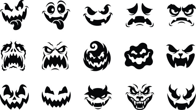 Halloween Monster Face Silhouette Collection with Scary Pumpkin Ghost and Demon Character Designs