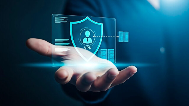 A hand holding a glowing digital shield with a user icon and data for the concept of digital security and cybersecurity.