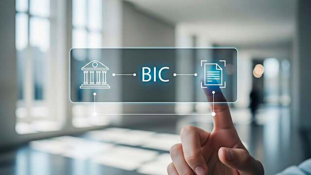 A person touching a digital screen displaying a bank icon, the acronym BIC, and a document icon, illustrating the concept of financial transaction processing.