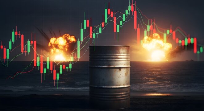 Oil barrel with explosion and stock market chart in background for the concept of oil price volatility and energy crisis.