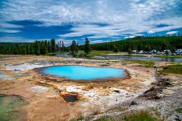 Naklejka premium Geothermal landscape along Biscuit Basin trail Yellowstone.