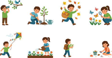 Fototapeta premium Children Engaging in Outdoor Activities Including Birdwatching, Gardening, Leaf Collecting, and Nature Exploration for Education and Environmental Design Concepts