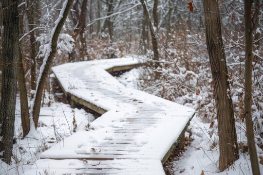 Snow covered boardwalk winding through a serene winter forest during a gentle snowfall, creating a peaceful and inviting scene