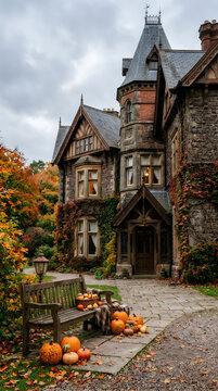 Spooky halloween scene historic mansion with pumpkins and autumn foliage