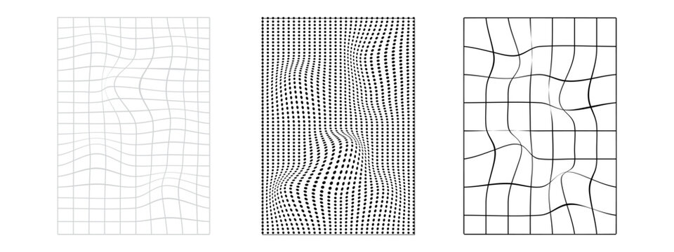 Set of abstract distorted grid patterns, wavy lines and halftone dots, vector illustration