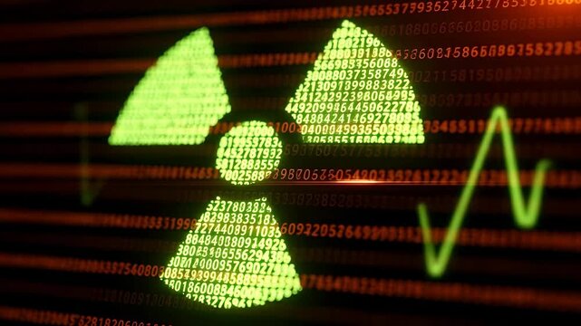 Neon digital radiation symbols with data stream background and waveform animation for tech security concepts with paired moving green waveform futuristic tech cybersecurity themes