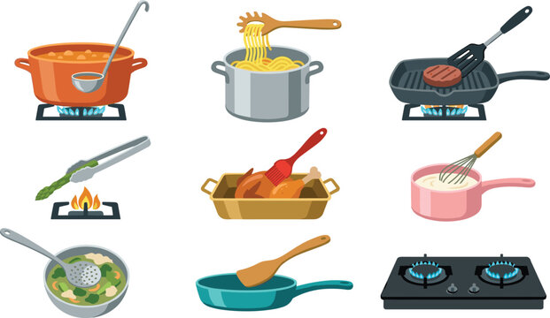 Cooking Process Icon Set with Boiling Pot, Pasta, Grilling Meat, Frying Pan, and Stove Burner for Kitchen Food Designs