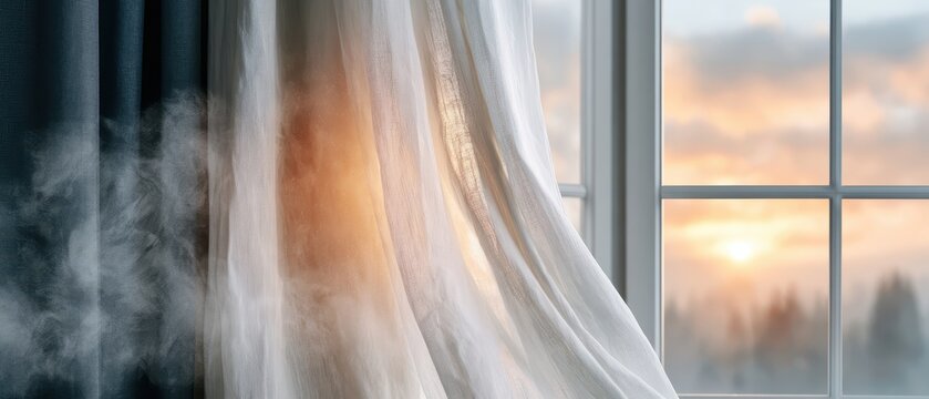 A dusty curtain moves slightly by the wind near a broken window, with sunlight filtering through and casting soft shadows on the floor