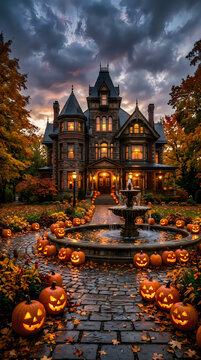 Spooky halloween mansion with jack o' lanterns autumn estate for holiday decorations