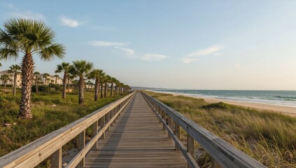 Obraz premium Walkway Leads to the Beach With Palm Trees Near the Ocean in the Morning Light