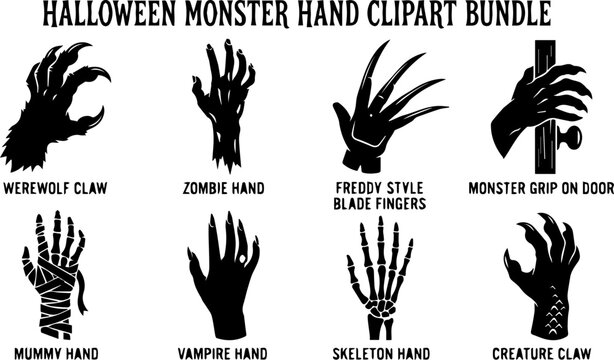 Halloween Monster Hand Clipart Bundle &ndash; Zombie Hand, Freddy Blade Fingers, Horror Claw Icons