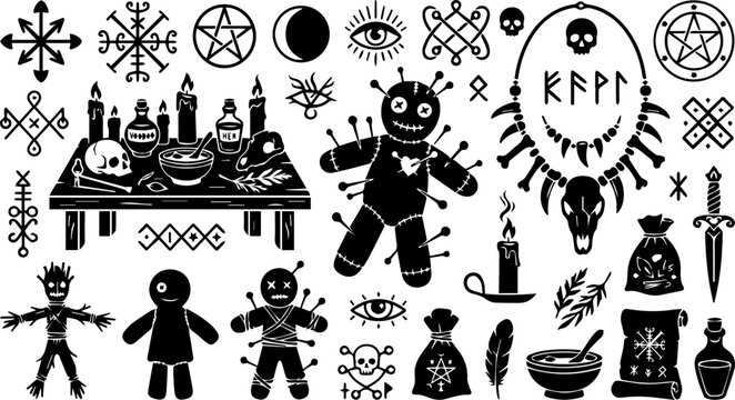 Voodoo and Occult Symbol Silhouette Set &ndash; Pentagram, Gingerbread Doll, Candle, Dark Magic Icons
