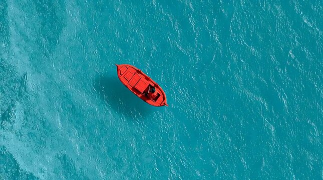 Healing aerial view of vast crystal-clear blue water with a tiny red boat, minimalist and stylish composition, elegant and spacious, fresh natural tones, serene and breathtakingly beautiful scenery.