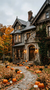 Spooky halloween stone mansion exterior with pumpkins and fall foliage
