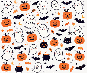 Naklejka premium Halloween Ornament Pattern With Ghosts Pumpkins Bats And Candy