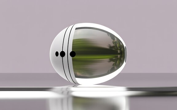 A futuristic abstract composition featuring a reflective sphere displaying a scenic landscape within a modern minimalistic design