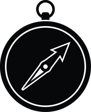 Black and white flat icon of a vintage navigation compass showing direction with a pointer arrow for travel tourism exploration and outdoor adventure activities