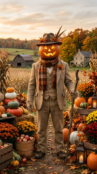 Elegant halloween pumpkin man in autumn field with harvest decor and rustic farmhouse