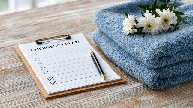 A checklist labeled emergency plan rests on a wooden table with a cup of coffee and flowers beside it, ready for use