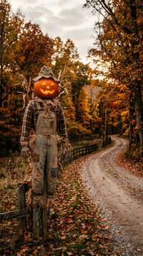 Spooky halloween scarecrow with jack o' lantern head in autumnal countryside scene