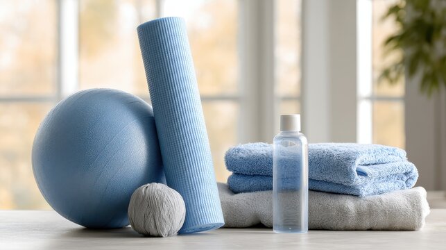 Various medical supplies and rehabilitation tools are neatly displayed on a neutral surface, designed for practical use