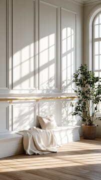 A spacious area in a modern apartment features a long handrail on the wall, designed for accessibility