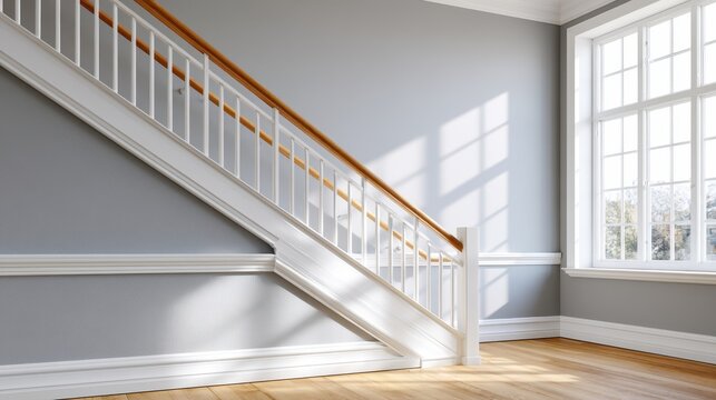 A spacious area in a modern apartment features a long handrail on the wall, designed for accessibility
