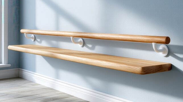 A spacious area in a modern apartment features a long handrail on the wall, designed for accessibility