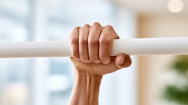A hand holds a rehabilitation parallel bar, showing effort and focus during a therapy session in a calm area