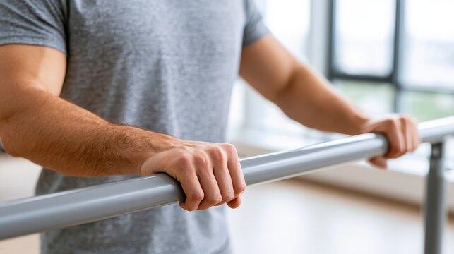 A hand holds onto a rehabilitation parallel bar, showing tension and effort during a therapy session in a neutral setting