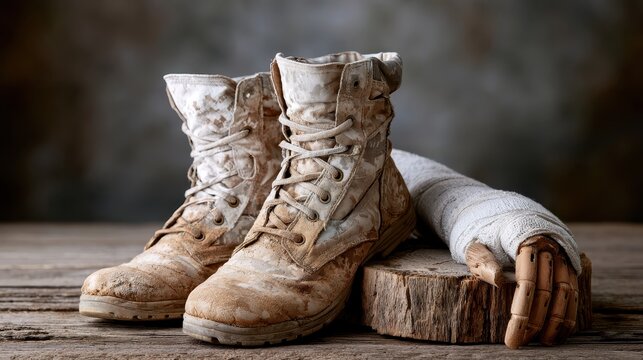 Military boots rest next to a prosthetic limb on a wooden surface, highlighting resilience and strength in a quiet moment