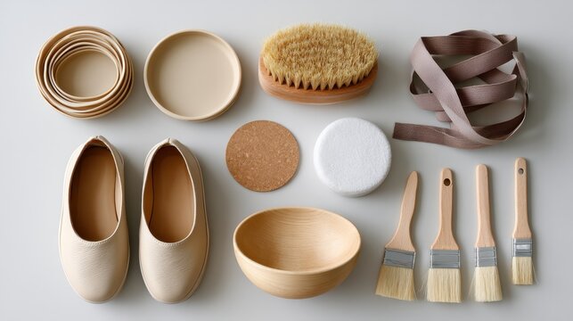 Prosthetic accessories like liners, straps, and tools are neatly displayed on a light surface with soft colors and textures