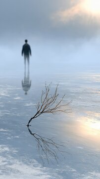 A person stands near a mirror, showcasing a prosthetic leg. The scene expresses quiet strength and emotional depth