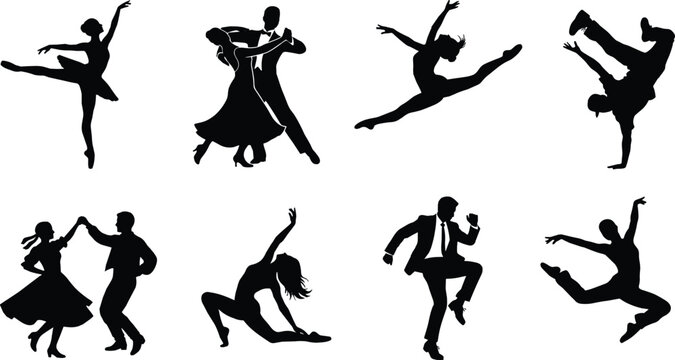 Dance silhouettes performing ballet, ballroom, contemporary, hip hop, jazz, and acrobatic moves, expressive dancers in motion, artistic choreography vector illustration