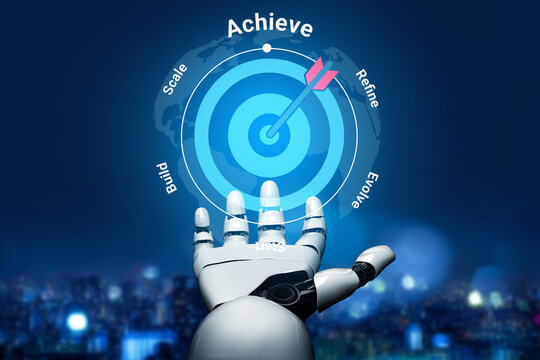 A detailed illustration of a robotic hand reaching towards a target, symbolizing achievement and progress in technology-driven environments, showcasing innovation and goals. Gantry