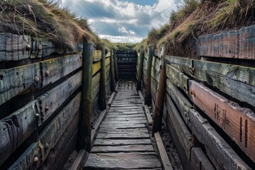 Naklejka premium Wooden duckboards lead through a preserved world war one trench with a cloudy sky above