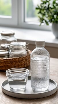 Water bottle stands beside emergency supplies, including baskets and plates, on a wooden table in a bright room