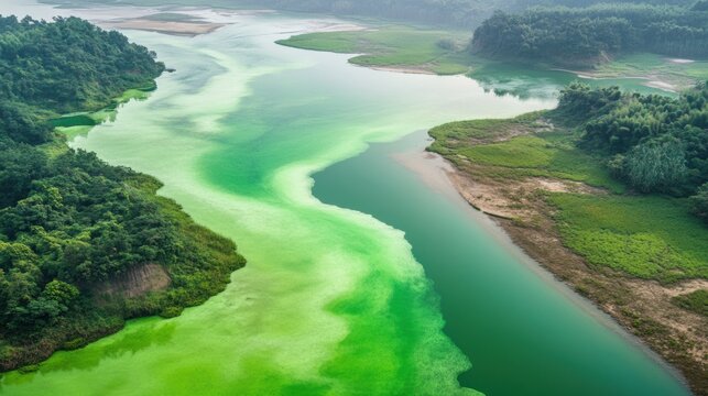 Aerial view of a river with vibrant green algae bloom