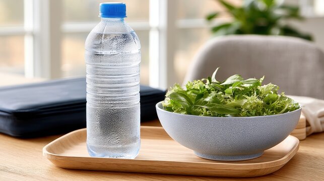 Water bottle stands beside emergency supplies, including baskets and plates, on a wooden table in a bright room
