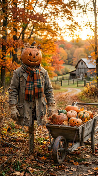 Autumn halloween scarecrow with pumpkins and wheelbarrow in fall foliage landscape