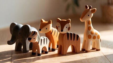 Fototapeta premium A row of wooden toy animals including elephant zebra fox tiger and giraffe standing on a light wood floor bathed in warm sunlight