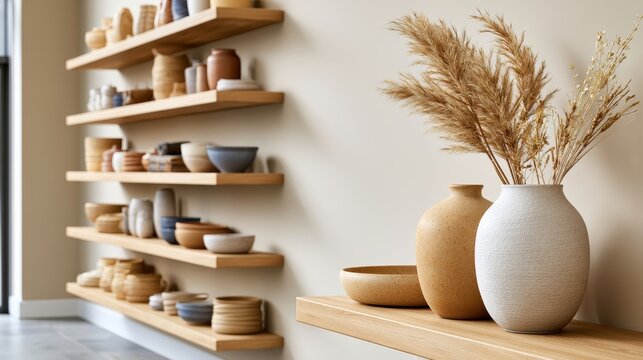 A handmade craft shop displays ceramics and decor on wooden shelves, featuring a clean space with decorative plants and baskets