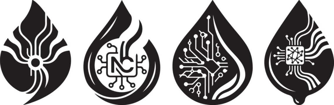 Black and white circuit board leaf icons with electronic symbols  technology concept