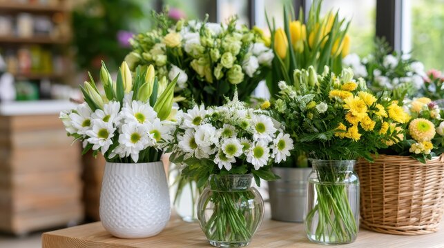 A small florist shop features fresh flowers in pastel colors arranged on a wooden table, with natural light coming through the windows
