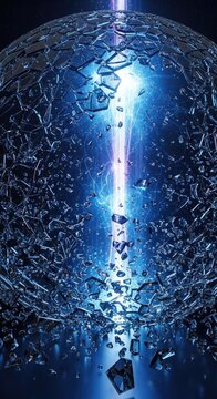 Blue energy beam inside a shattered glass sphere