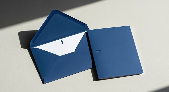 Blue envelope and blank card mockup on light surface.